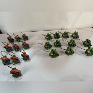 Tropical Shower Curtain Hooks Toucans and Parrots Colorful Resin Silver Set/21